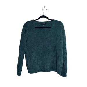 Express Emerald Green Chenille Knit Sweater V-neck Pullover Cozy Small Women’s